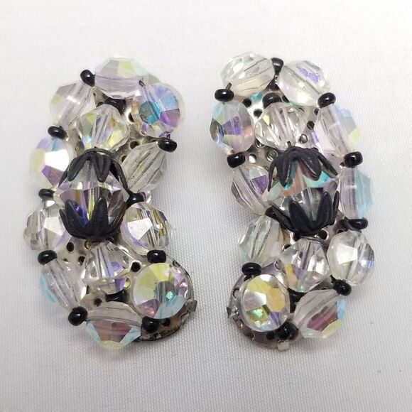 Vintage AB Glass Bead Cluster Clip On Earrings, Black Accents, Kidney Shape - Picture 5 of 6